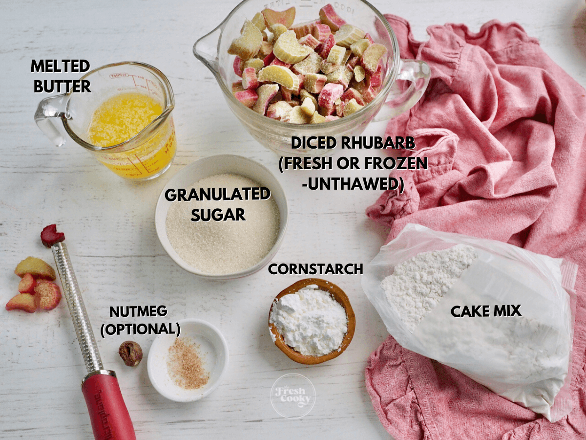 Labeled ingredients for rhubarb dump cake recipe.