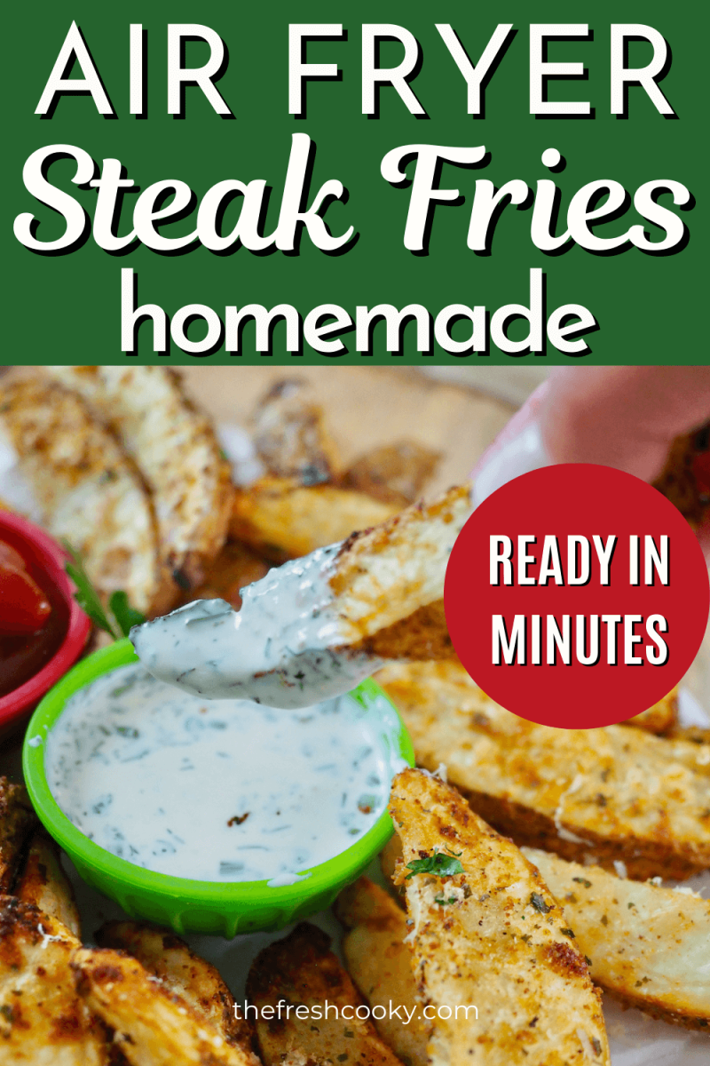 Hand dipping steak fry in ranch dressing, to Pin.