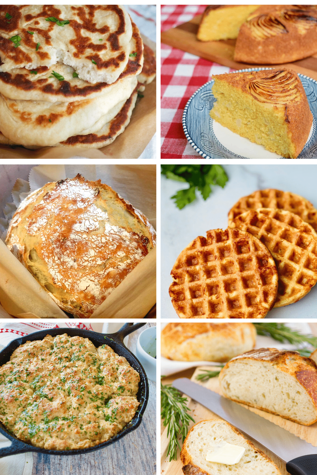 Grid of 6 images of different variations of bread, rustic, naan, cornbread, chaffles, biscuits and white bread.