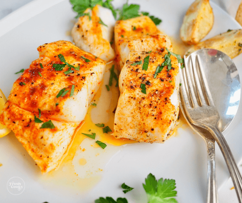 Easy Air Fryer Halibut with Lemon Butter Sauce