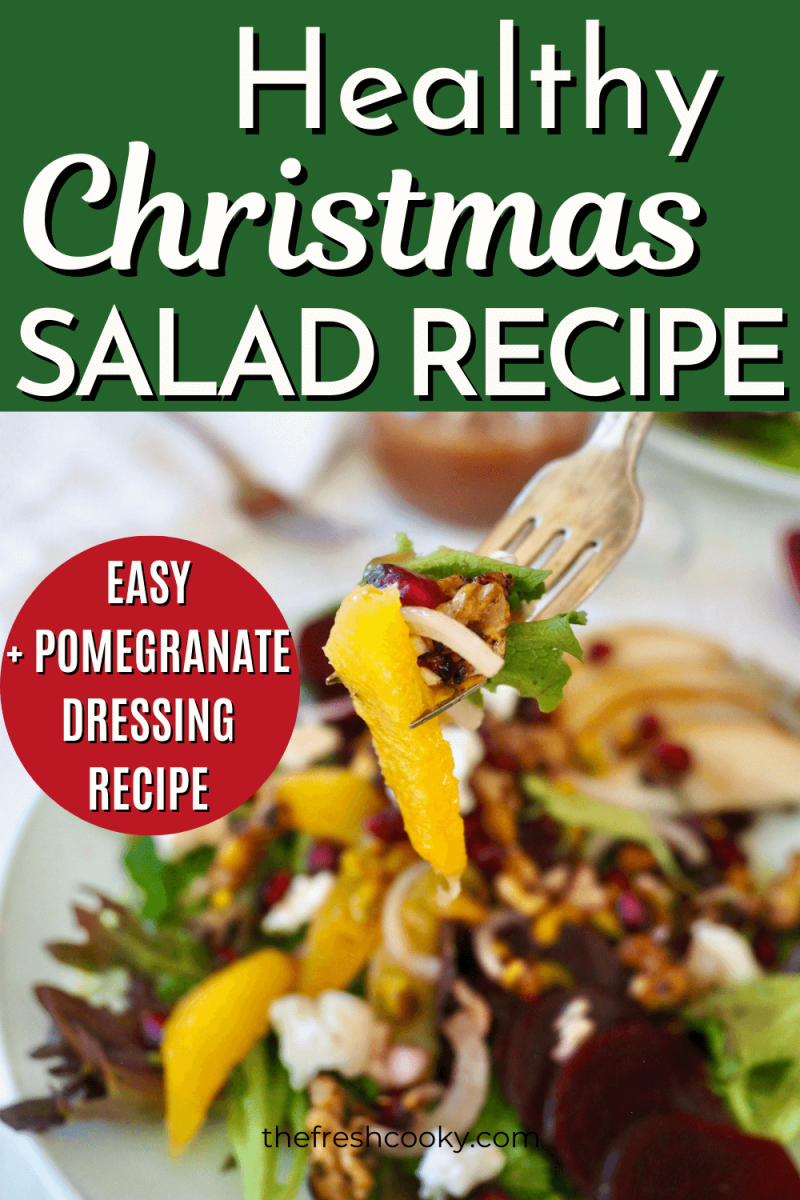 Pin for healthy Christmas salad recipe with forkful of salad.