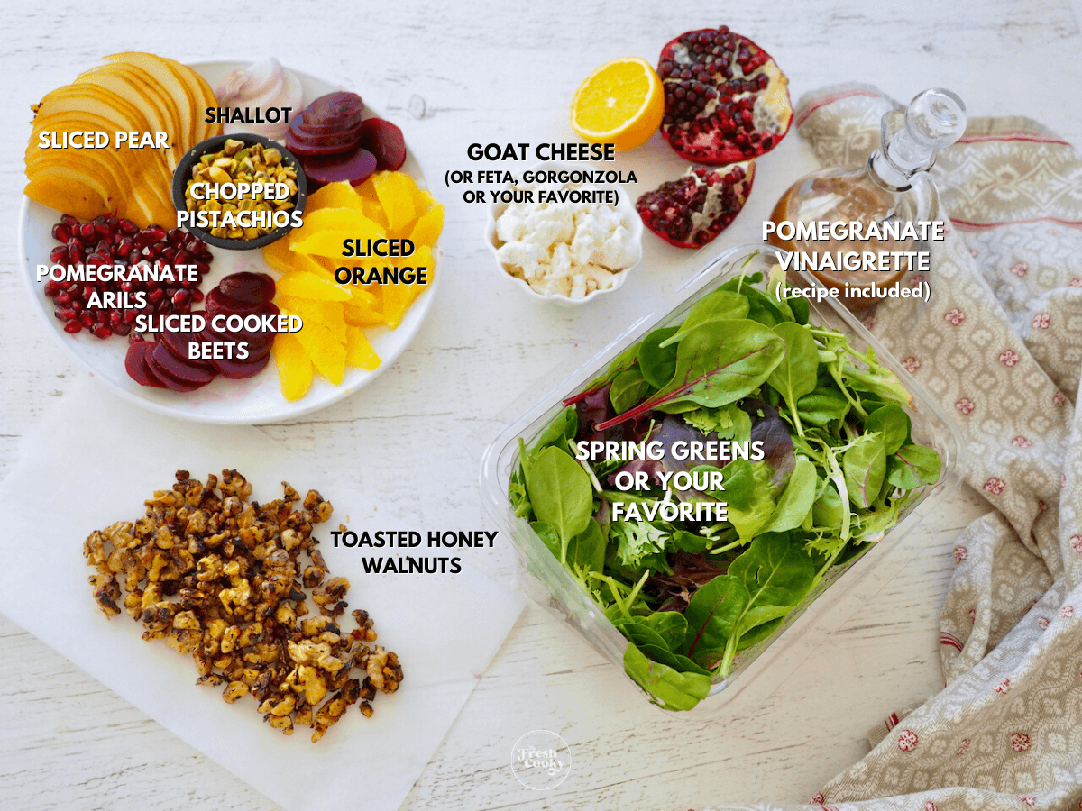 Labeled ingredients for holiday salad recipe.