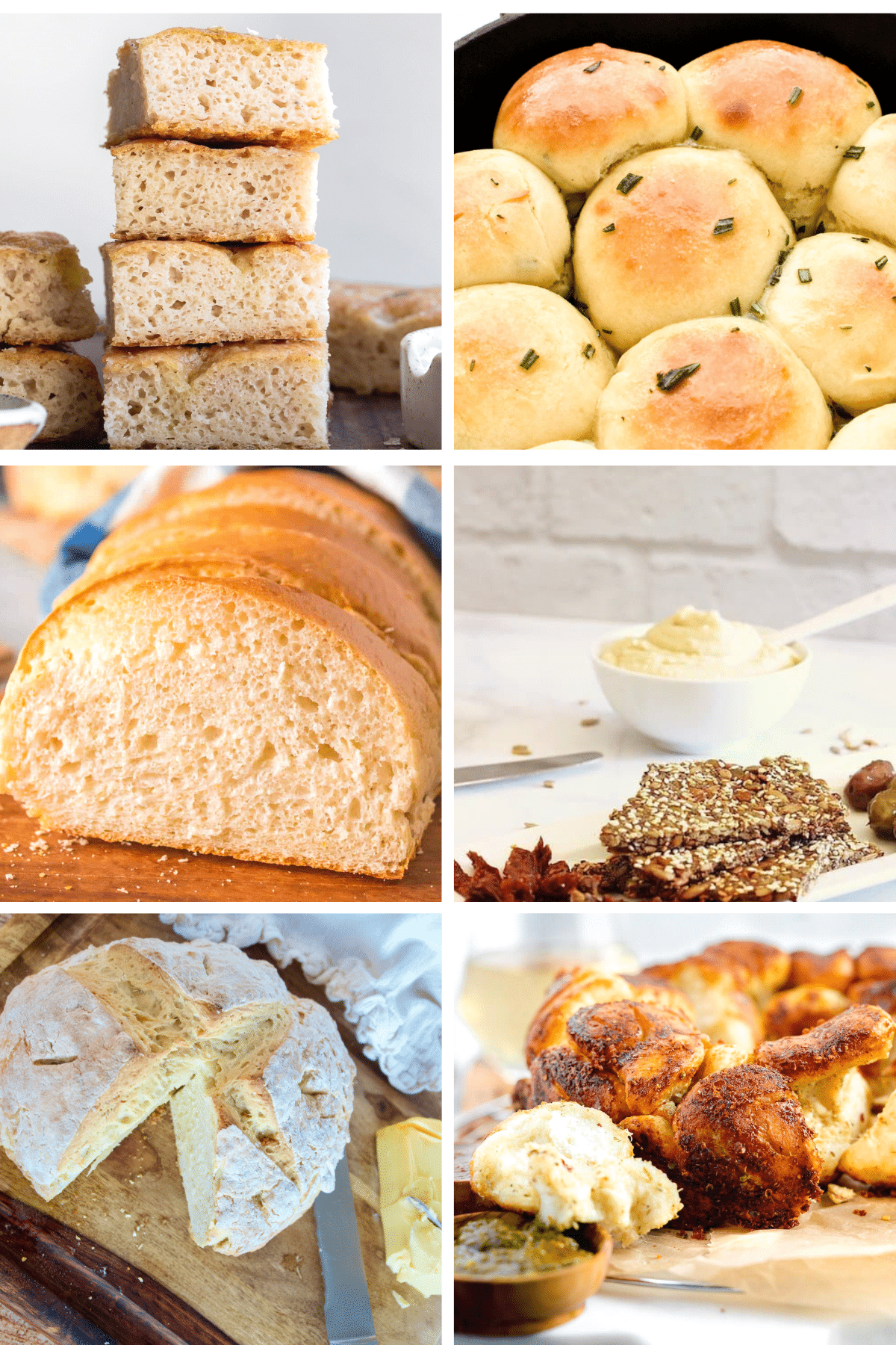 6 photos in image, L-R Focaccia, skillet rolls, white bread, gluten-free bread, soda bread and Challah bread.