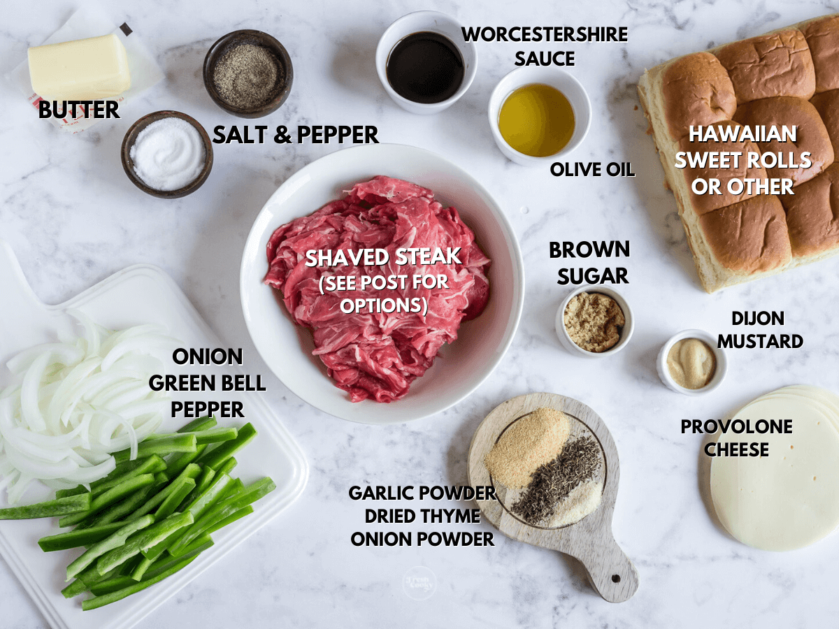 Labeled ingredients for Philly Cheesesteak Sliders Recipe.