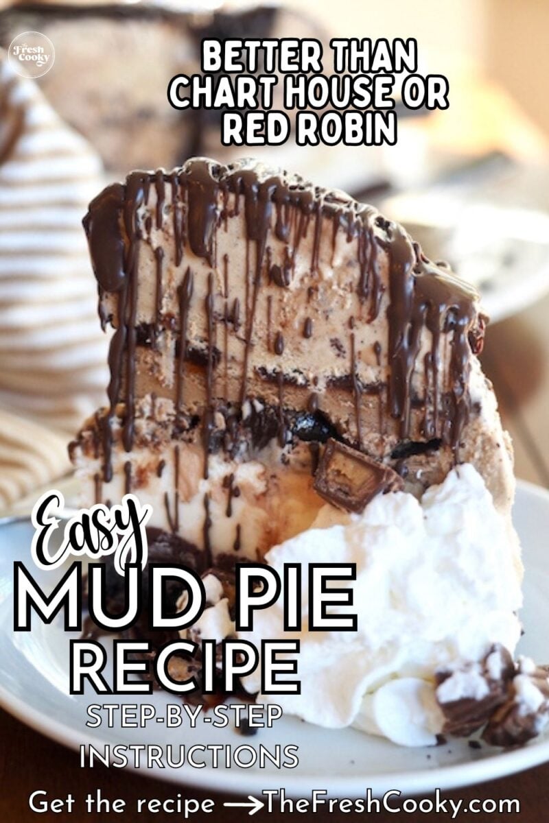 Tall slice of frozen mud pie cake, with layers of ice cream and drizzled with fudge and garnished with whipped cream to pin.