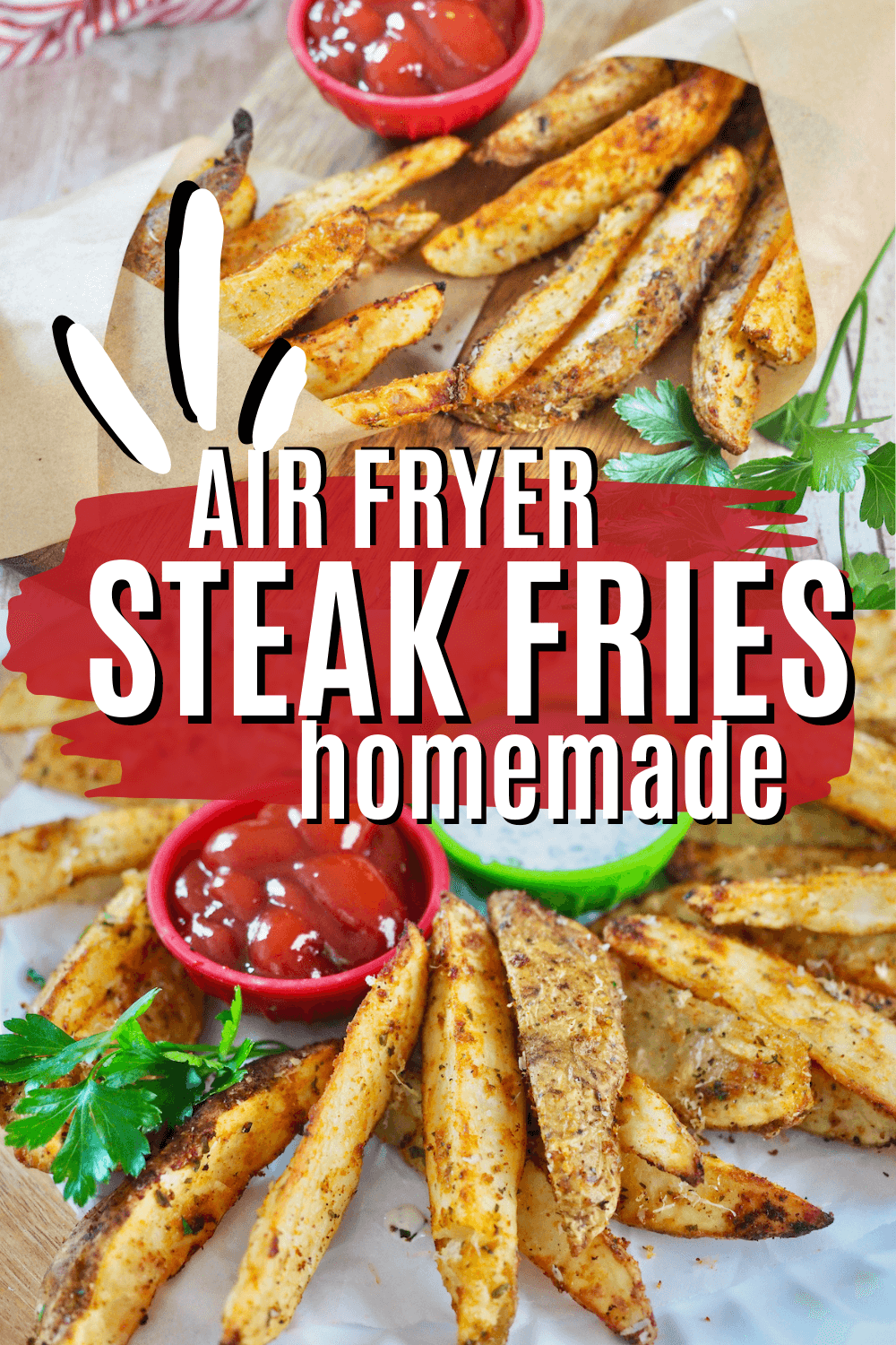 Steak fries on plate and single servings in parchment to pin.