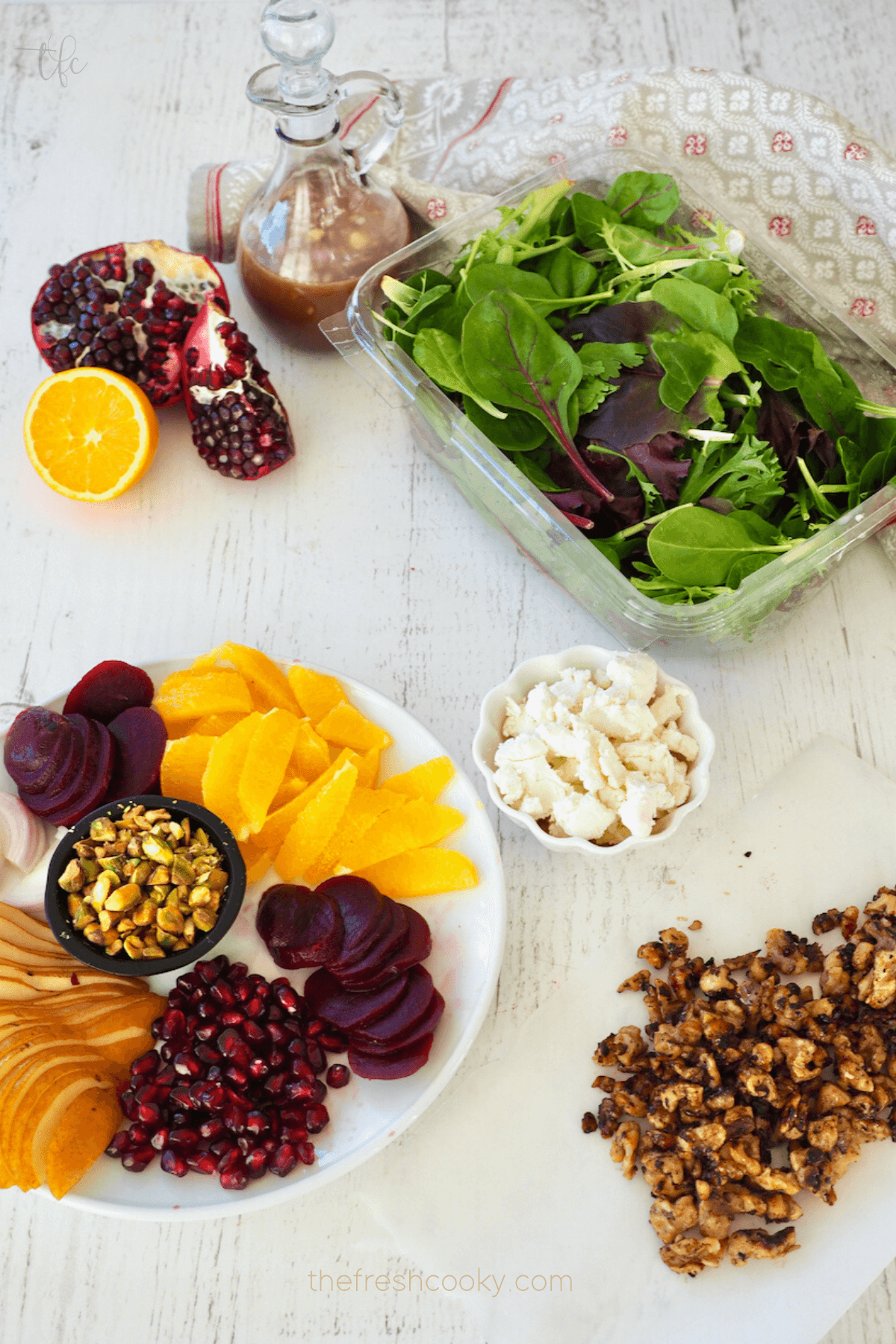 All ingredients prepped and sliced for salad.