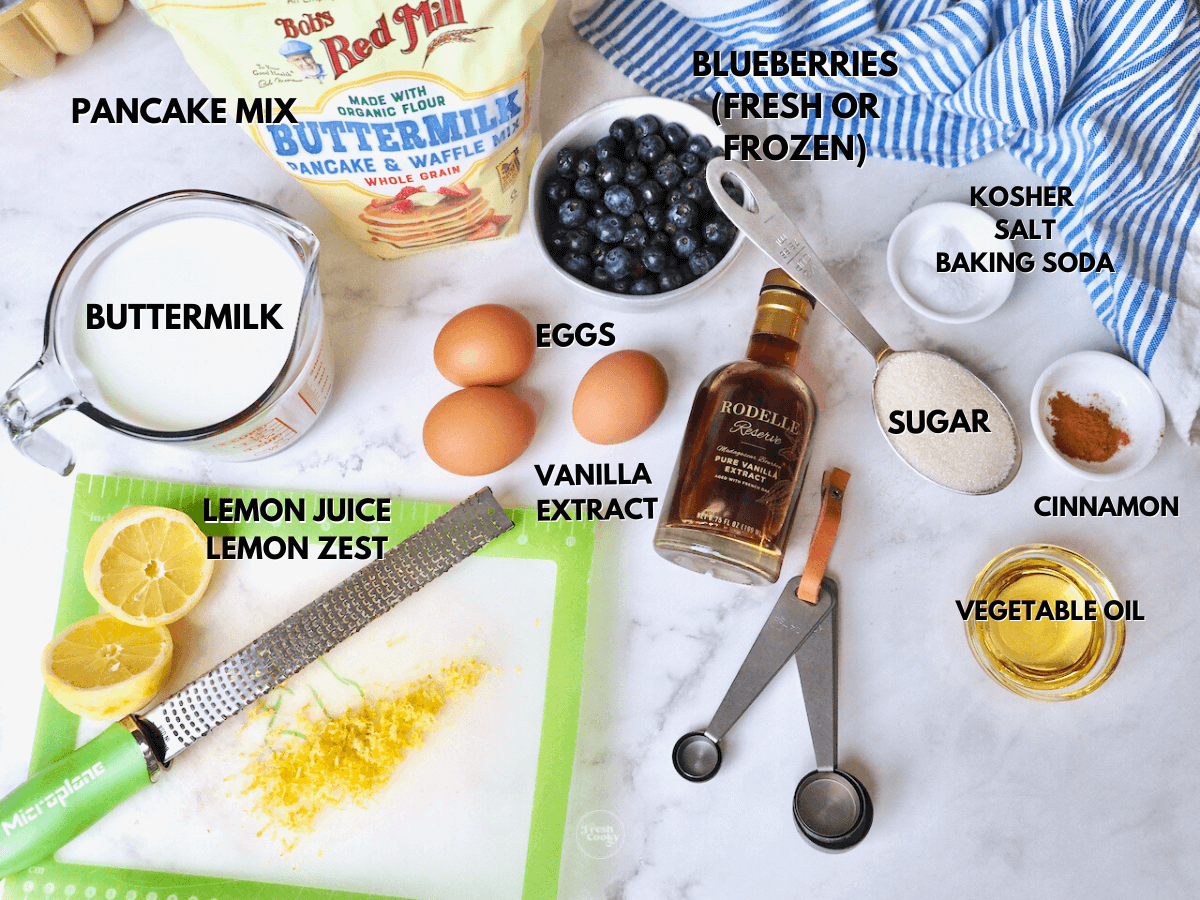 Ingredients labeled for Blueberry Pancake Bundt Cake recipe.