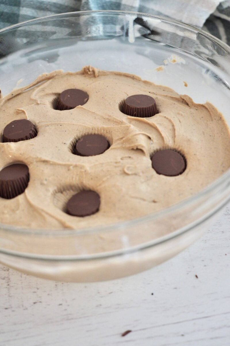 Coffee ice cream layer with peanut butter cups.