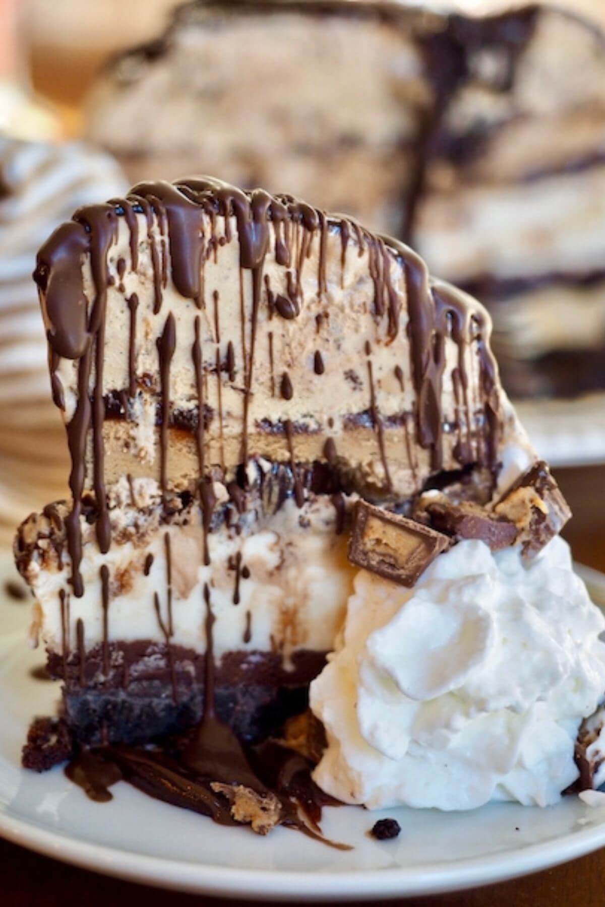 Mud pie ice cream cake slice on plate, drizzled with fudge and a side of whipped cream. 