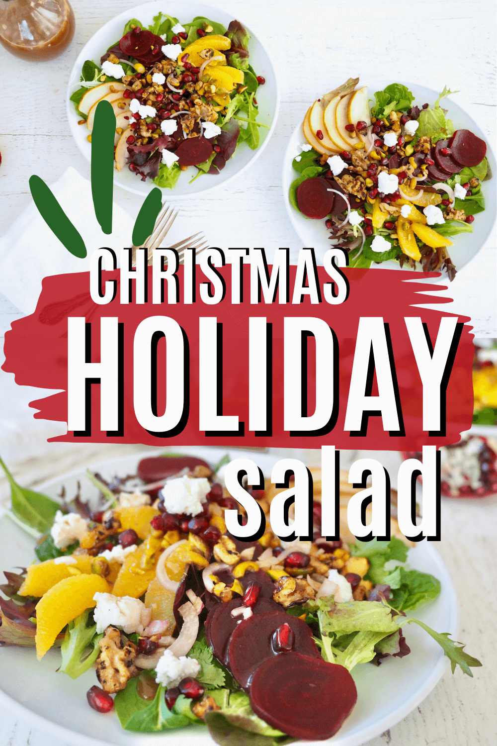 Two bright salads with greens for Christmas or holiday, to pin.