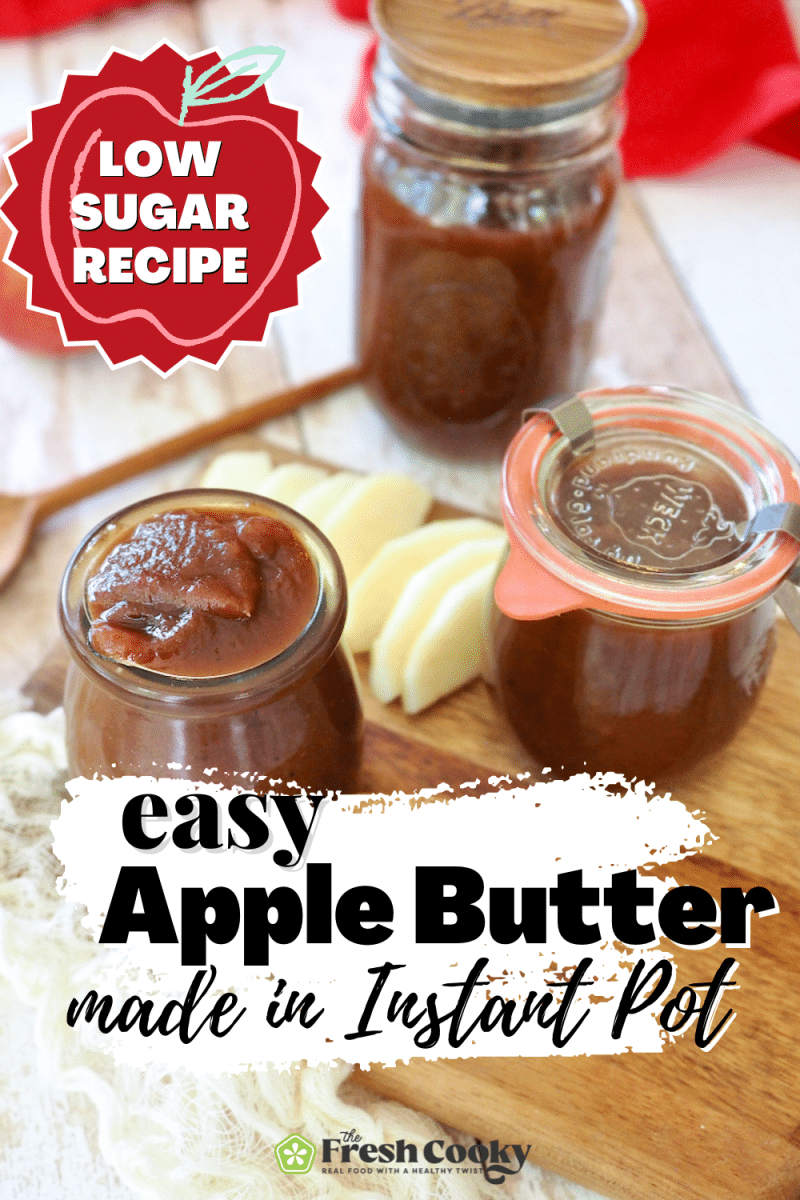 Apple butter in pretty jars with apples sliced, to pin.
