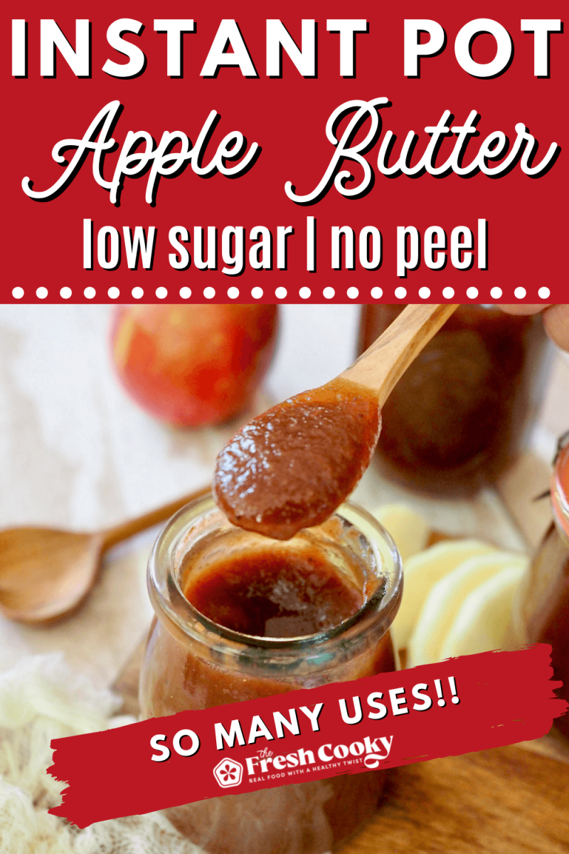Instant pot apple butter with wooden spoon dipped in for pinning.