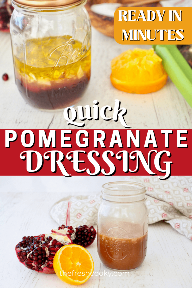 Pomegranate salad dressing before shaking and after shaking to pin.