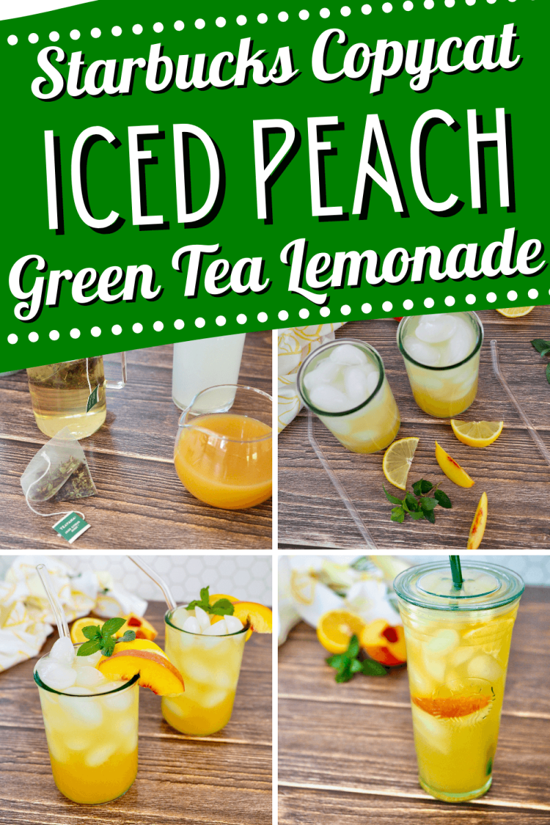 Stages of making iced peach green tea for pinning.