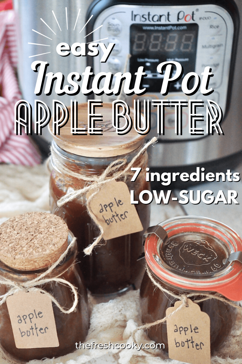 Apple butter in jars in front of an Instant Pot to pin.
