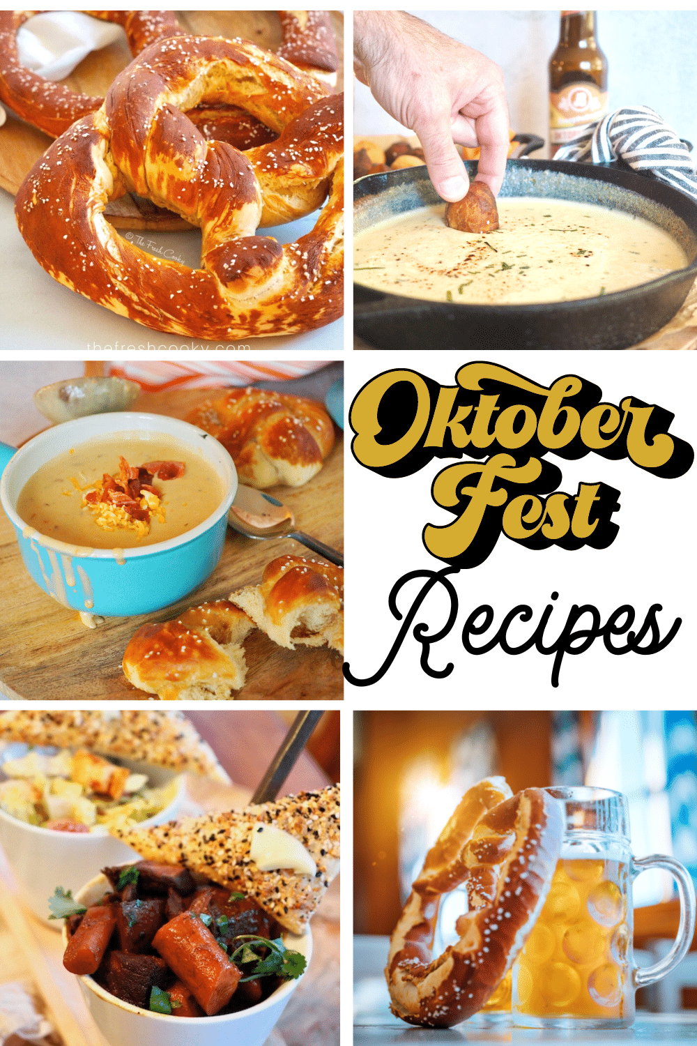 Oktoberfest recipes L-R Laugenbrezel giant, Bavarian pretzels, beer cheese dip, beer cheese soup, beef stew and a mug of beer and a pretzel. 