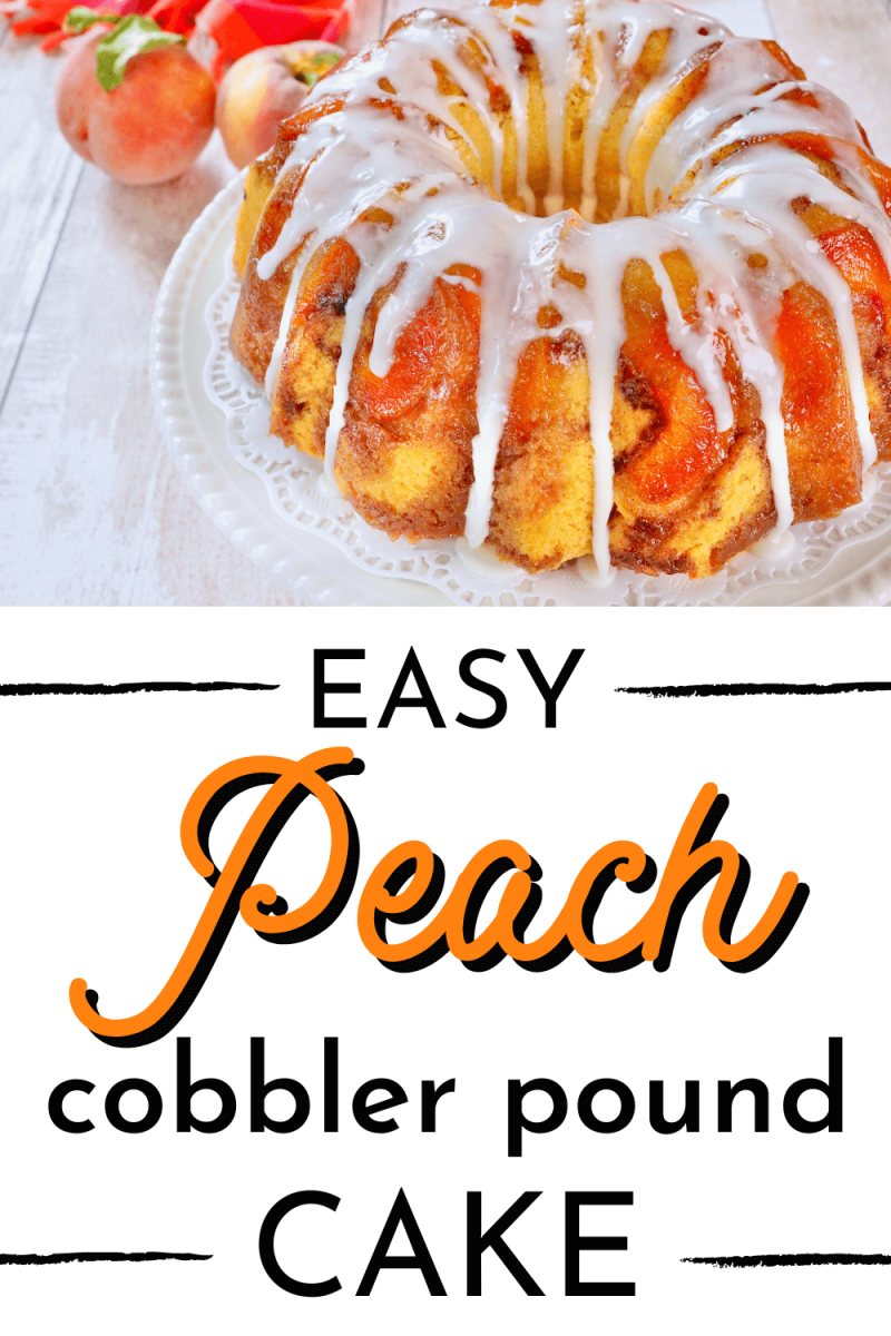Peach cobbler bundt cake on platter to pin.