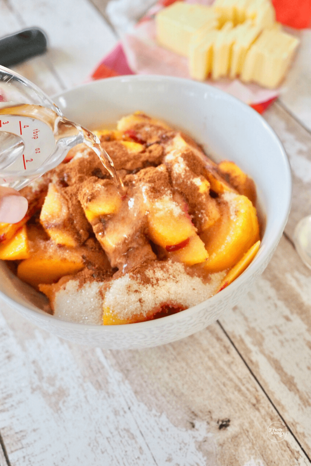 Add water to peaches. 