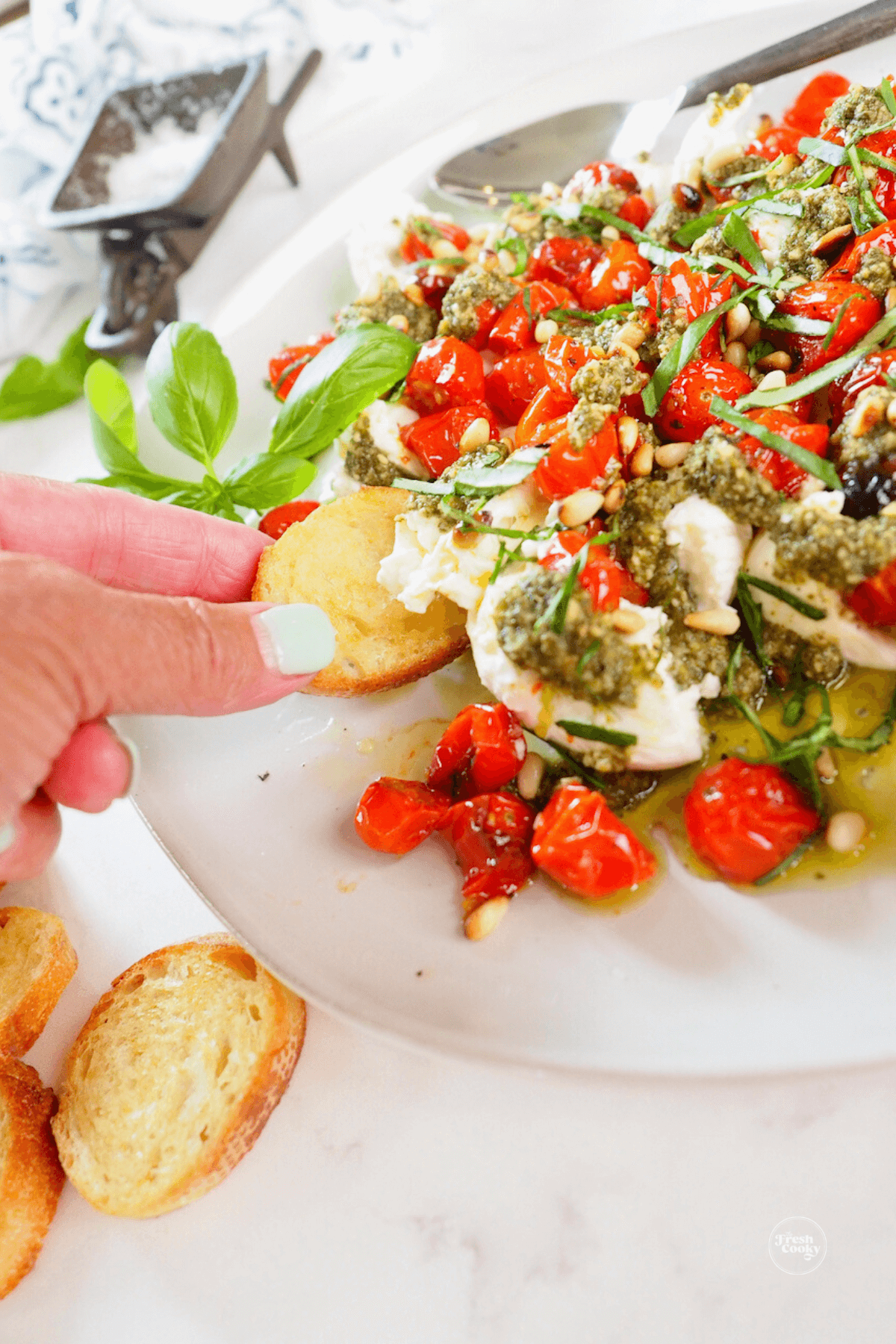 Hand using crostini to grab some of the pesto appetizer. 