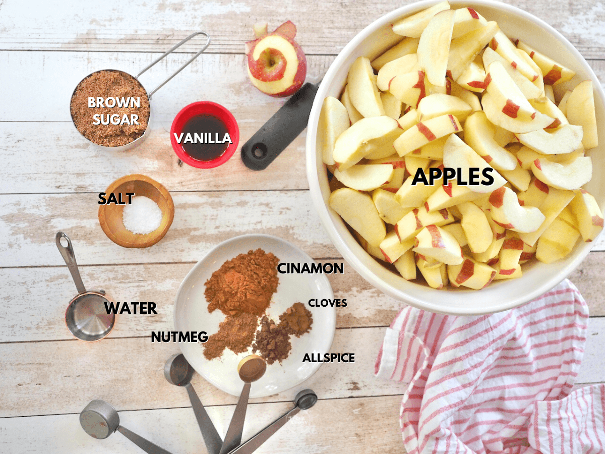 Labeled Ingredients for apple butter L-R Sliced apples, vanilla, water, brown sugar, cinnamon, nutmeg, cloves and allspice.