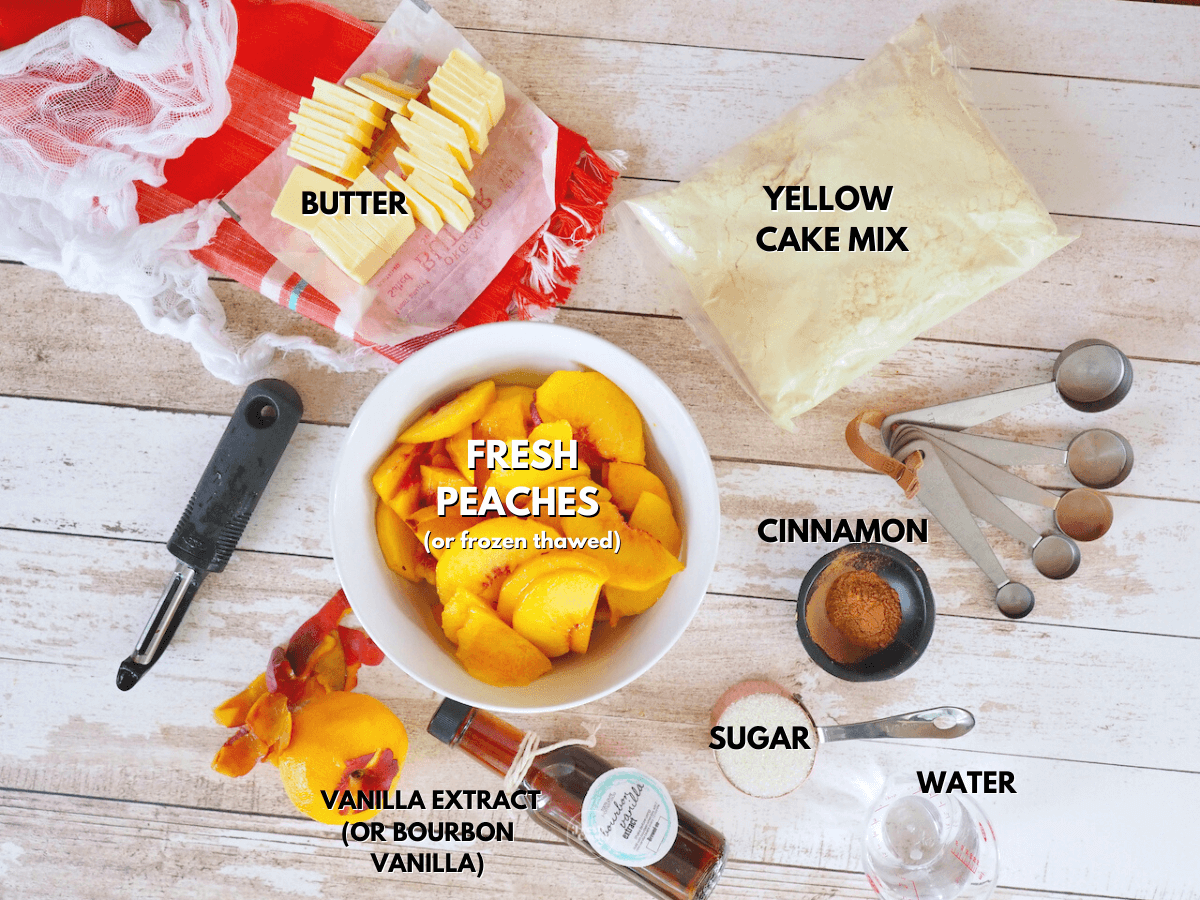 Labeled ingredients for peach dump cake recipe.