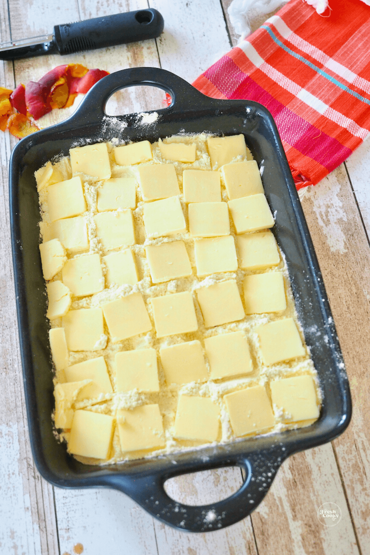 Peach dump cake recipe ready for oven.