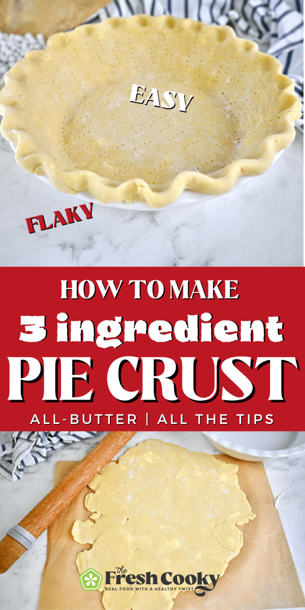 3 ingredient pie crust recipe unbaked in pie shell and rolled out on cutting board, for pinning.