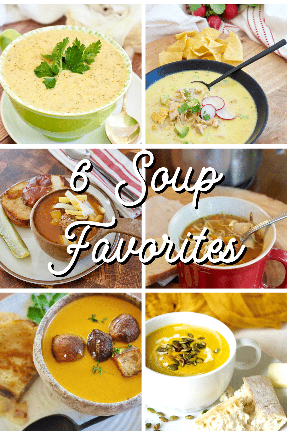6 images of a variety of soups from The Fresh Cooky to pin.