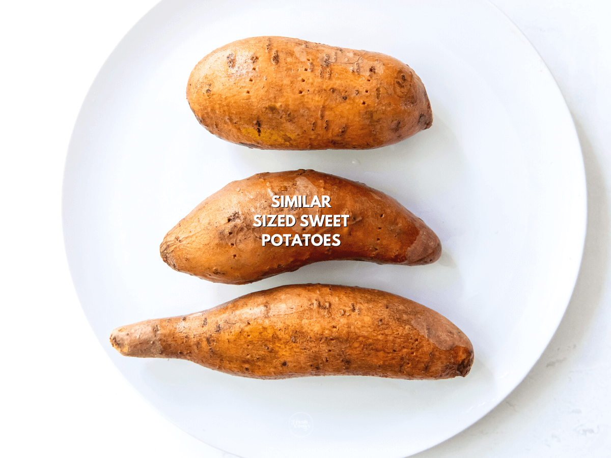 Washed sweet potatoes on plate labeled ingredient.