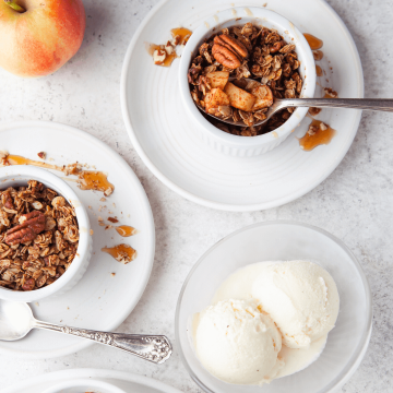 Air fryer apple crisps with vanilla ice cream on the side.