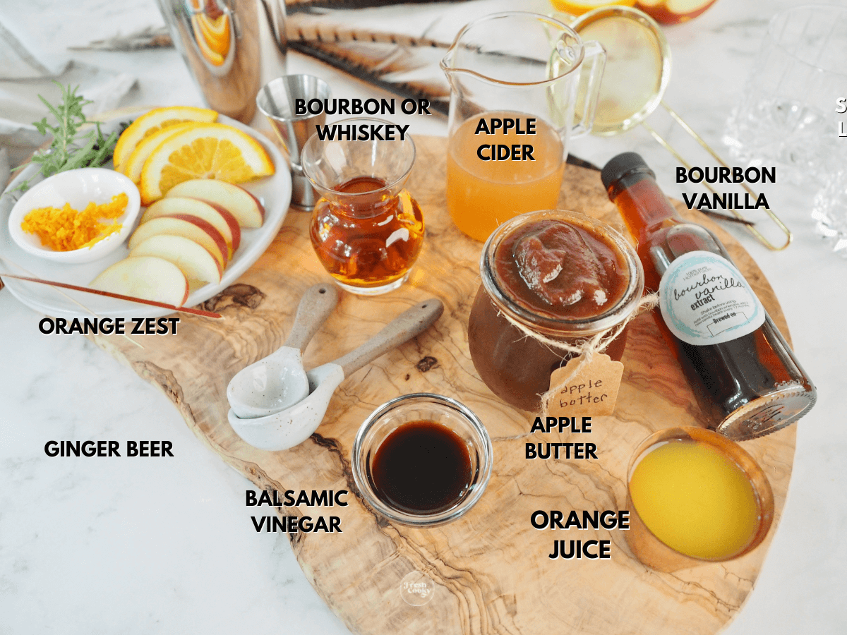 Labeled ingredients for Apple cider bourbon cocktail.