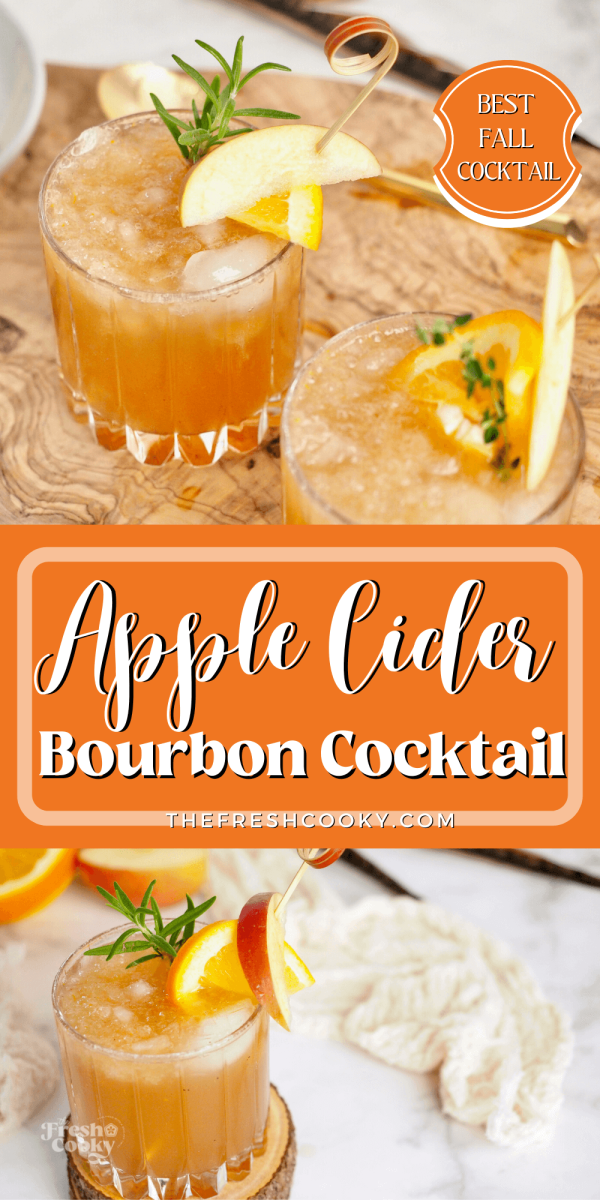 For pinning, apple cider cocktails in pretty glasses with olive wood cutting board beneath.