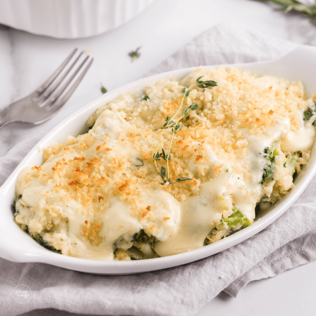 Broccoli au gratin in gratin dish.