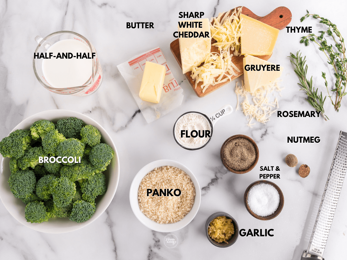 Labeled ingredients for broccoli au gratin.