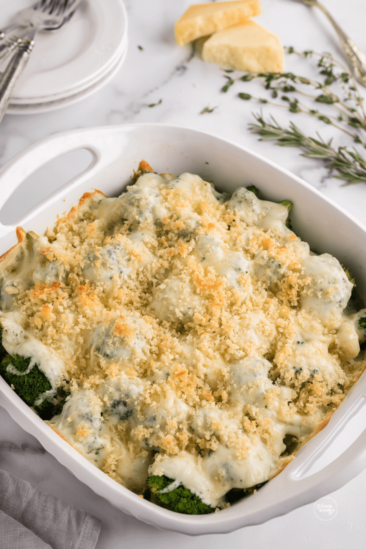 Broccoli au gratin in baking dish.