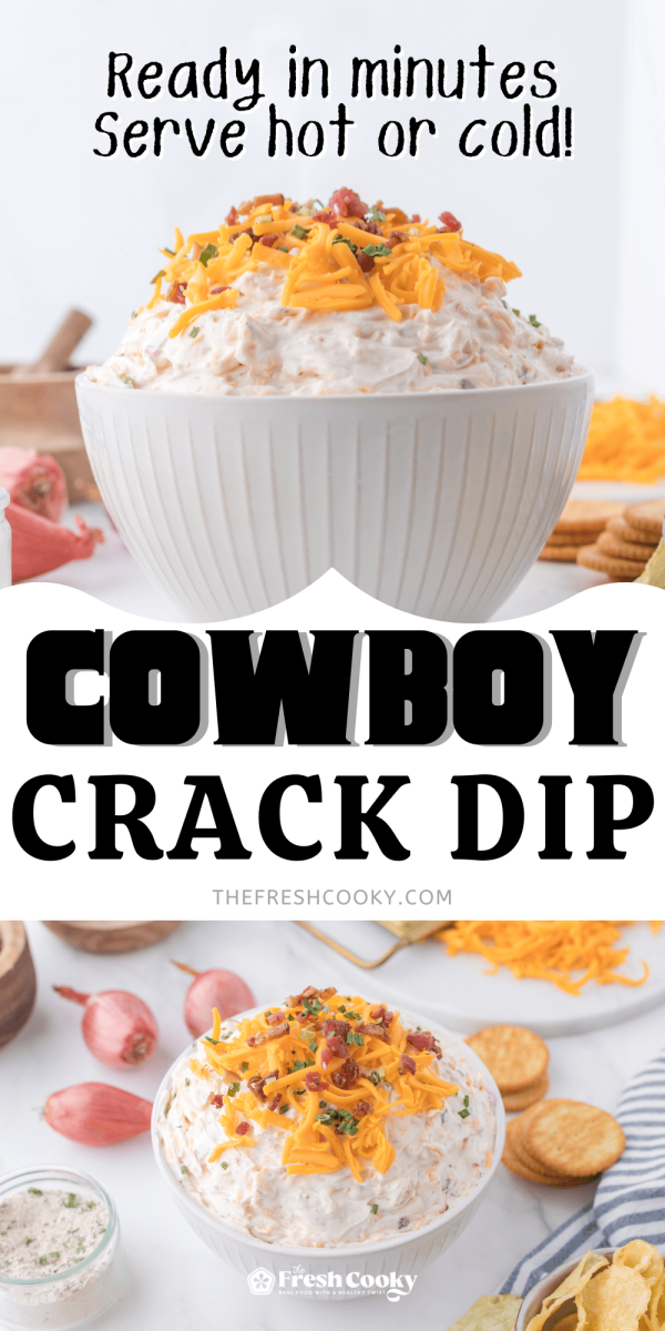 Cowboy Crack Dip in a white bowl, mounded with crackers to serve.