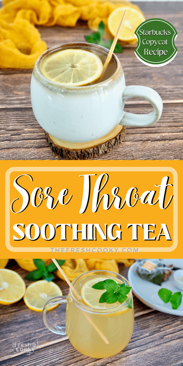 Sore throat tea in a ceramic mug and in a glass mug with a wheel of lemon for pinning.