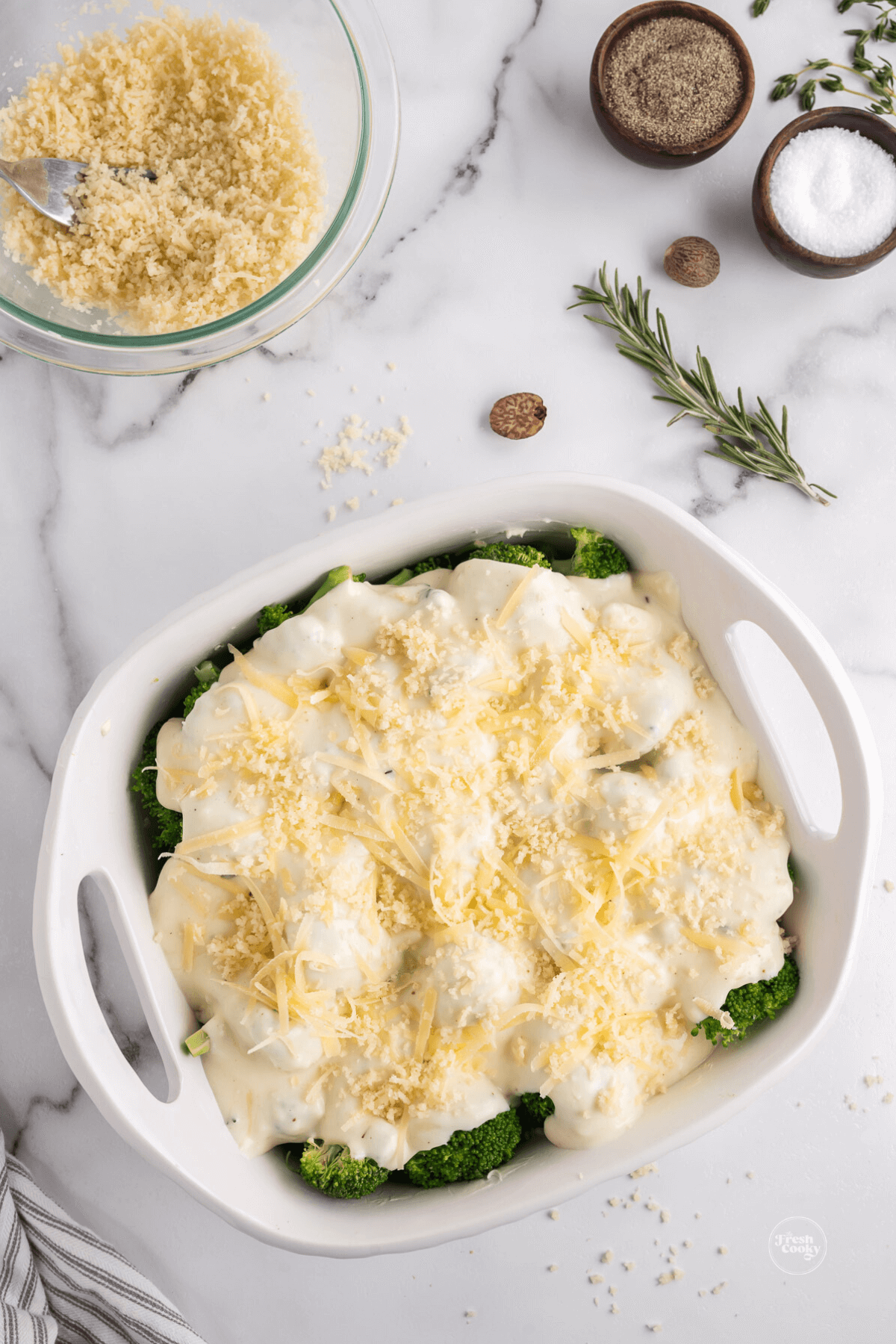 Panko topping sprinkled on top of baking dish. 