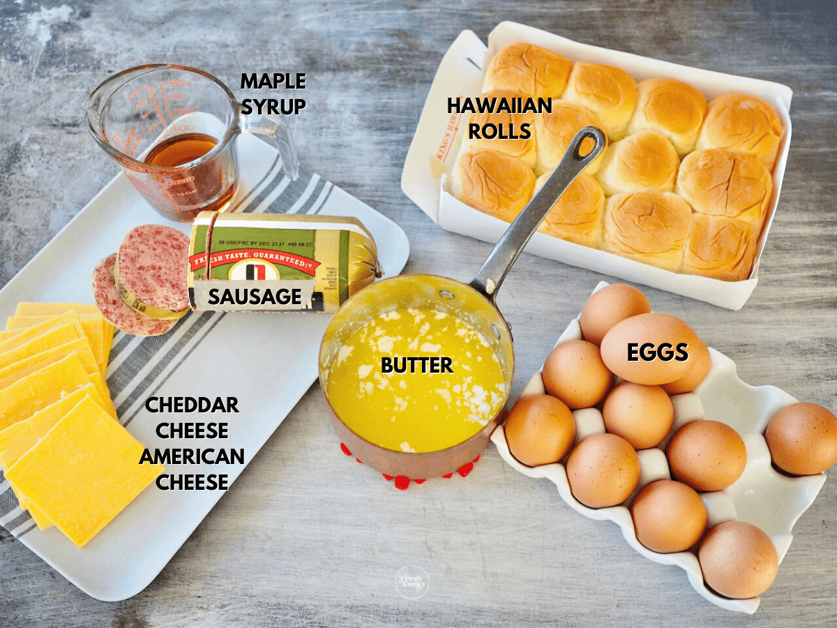 Labeled ingredients for breakfast sliders.