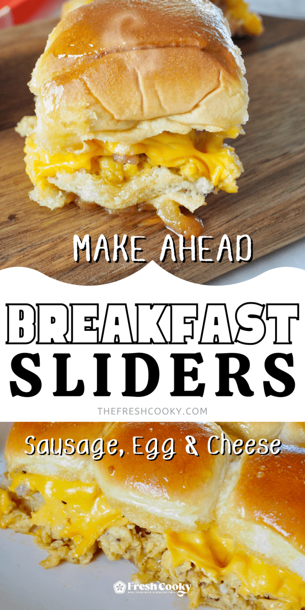 Image of breakfast scrambled egg slider with sausage and cheese on a tray and baking dish, to pin.