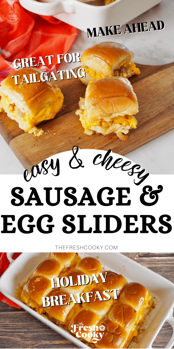 Three breakfast sliders on a wooden tray with baking dish filled with sliders, to pin.