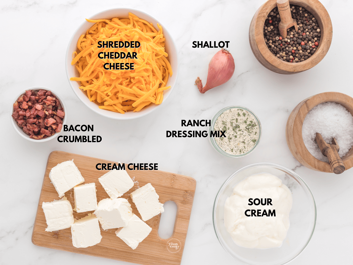 Cowboy crack dip labeled ingredients L-R bacon bits, shredded cheddar, shallots, ranch dressing, sour cream and cream cheese.