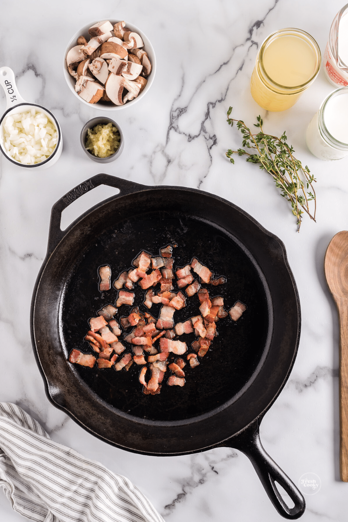 Crisp bacon in pan for green bean casserole.
