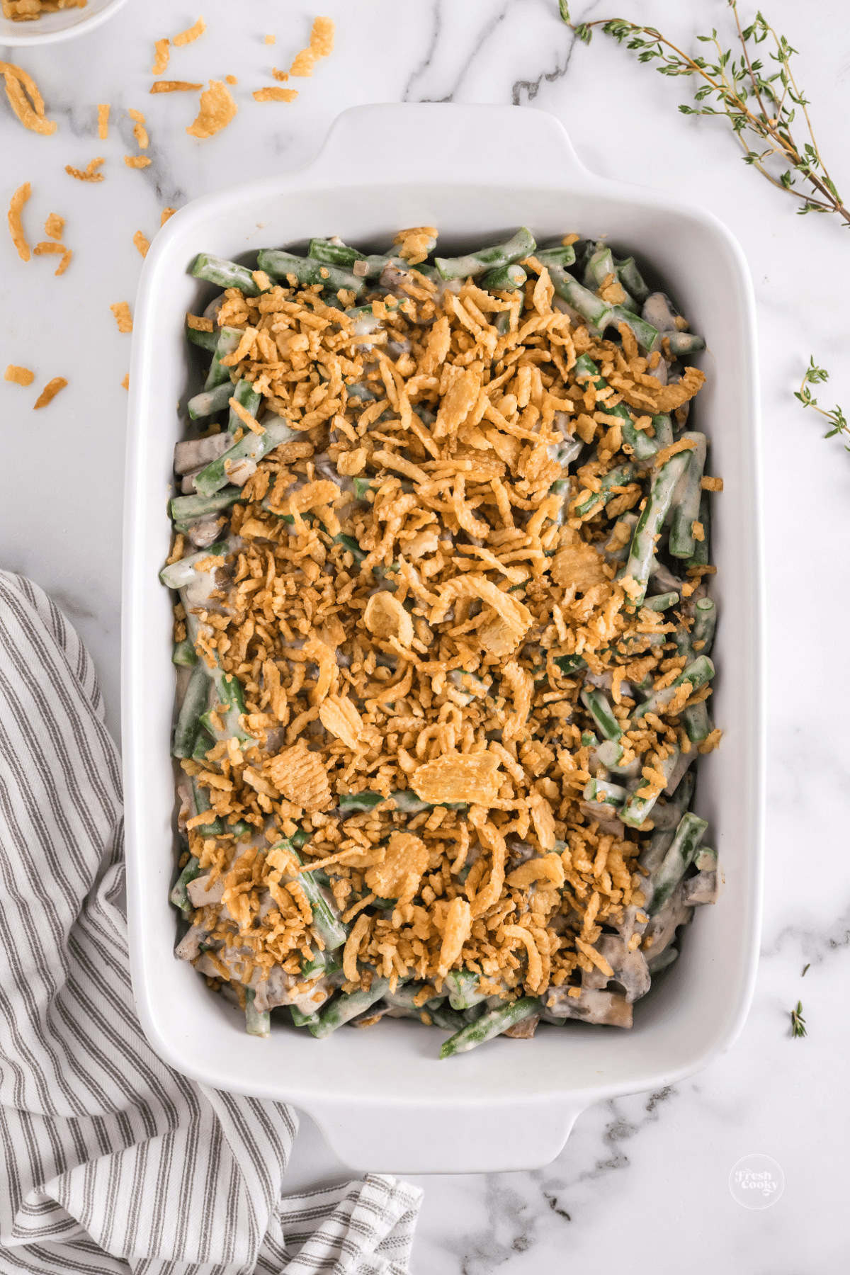 Green bean casserole in dish.