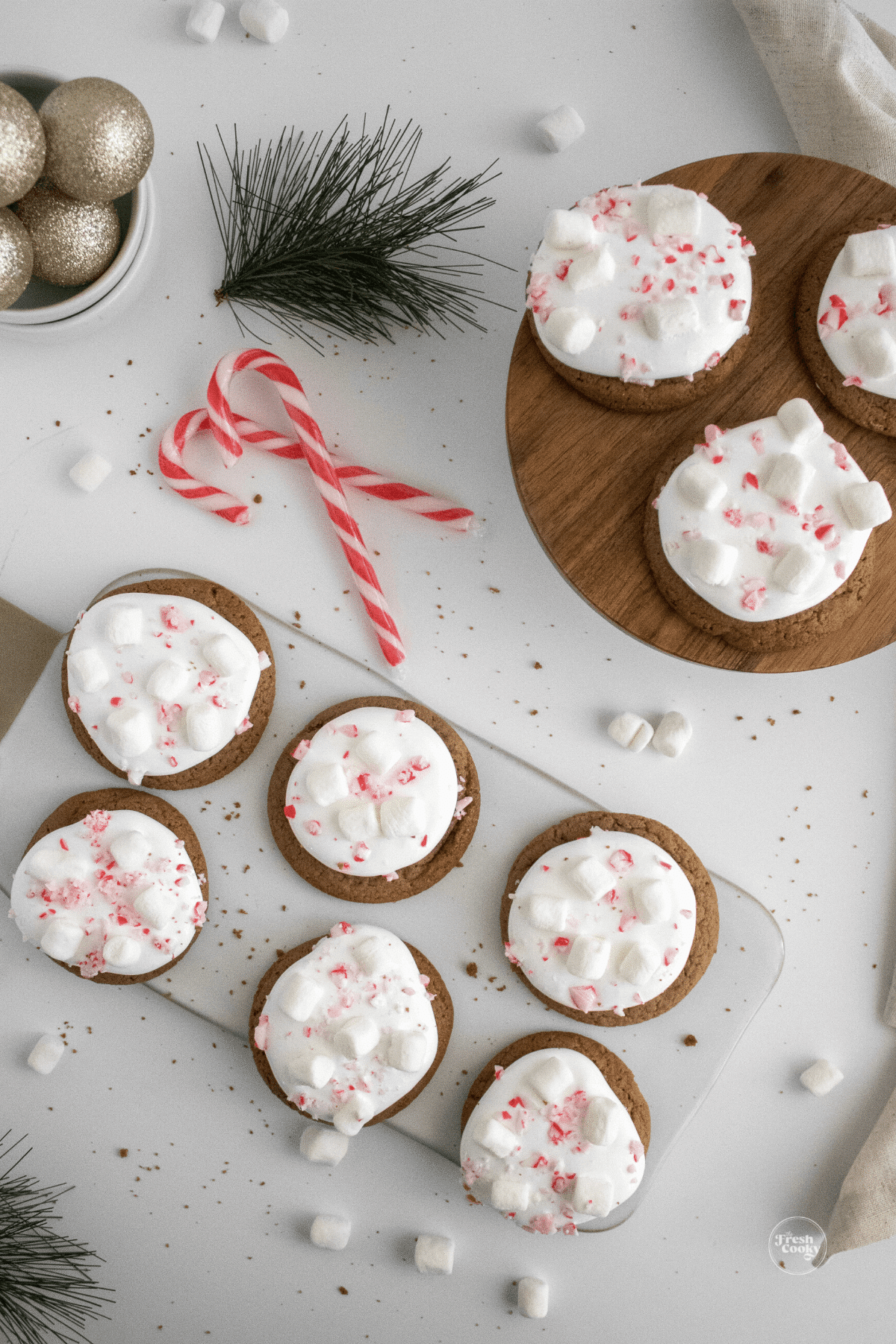 Hot chocolate cookies in trays with candy canes.