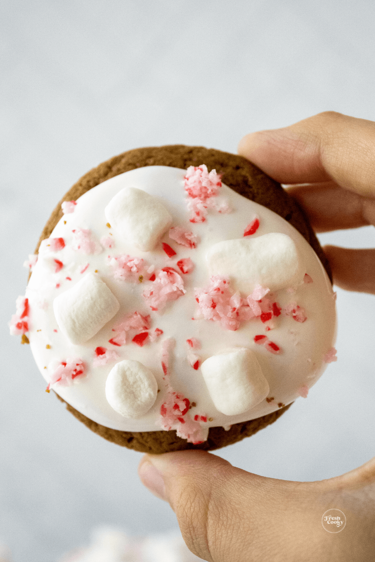 Hand holding hot chocolate cookie topped with marshmallow fluff and crushed candy canes.