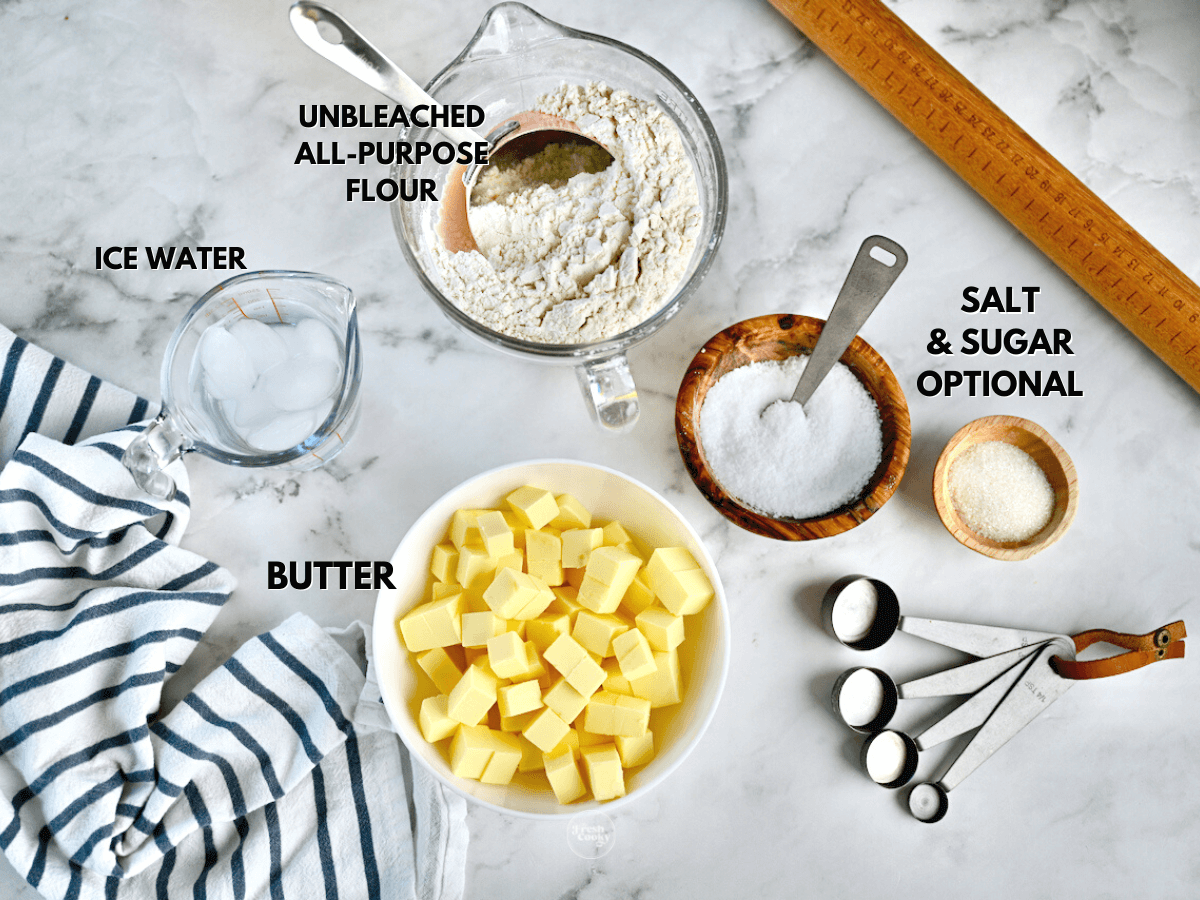 Labeled ingredients for 3 ingredient pie crust.