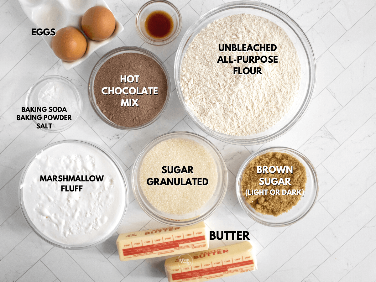 Labeled ingredients for hot chocolate cookies.