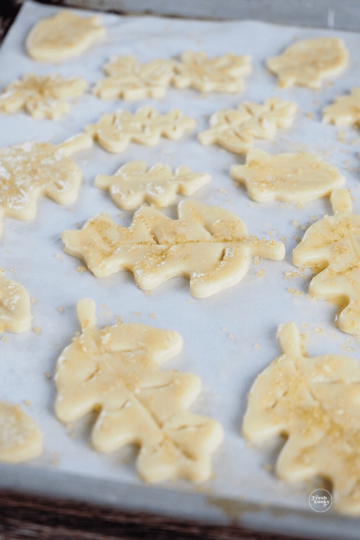 Pie crust dough cutouts shaped liked leaves.